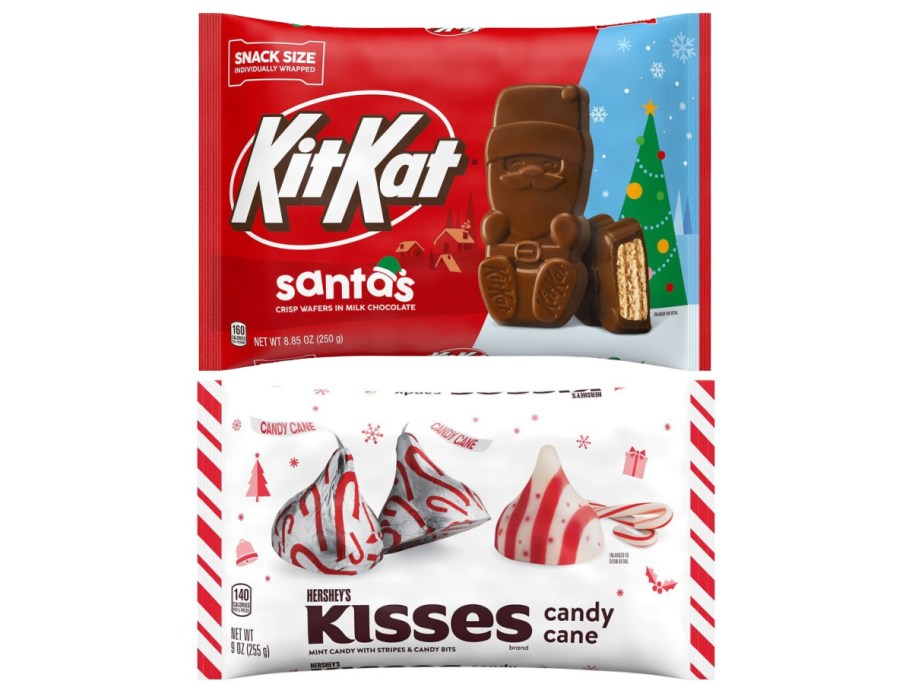 A bag of Christmas Kit Kats and a bag of Candy Cane Kisses.
