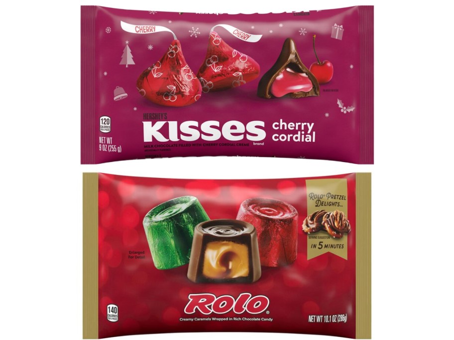 A bag of Hershey's cordial cherry kisses and a bag of Christmas Rolos.