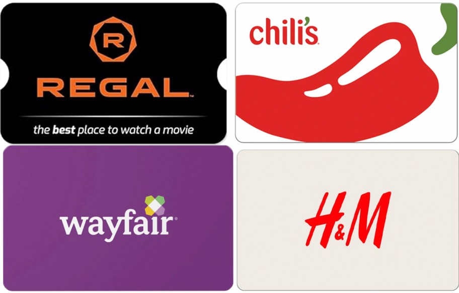regal, chilis, wayfair, and h&m gift cards