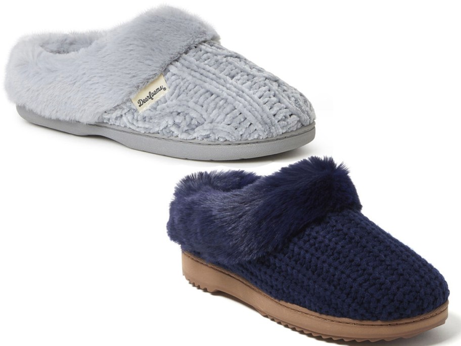 gray and navy slippers