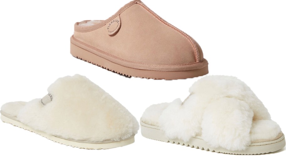 peach clogs and two white slippers