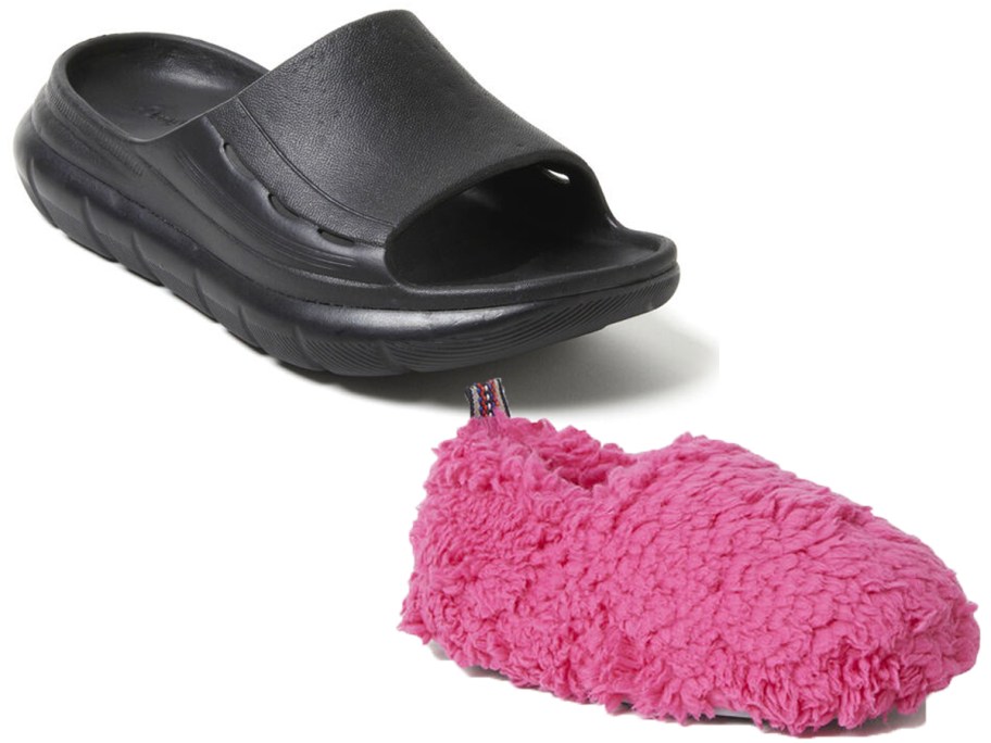 black slides and pink slippers 