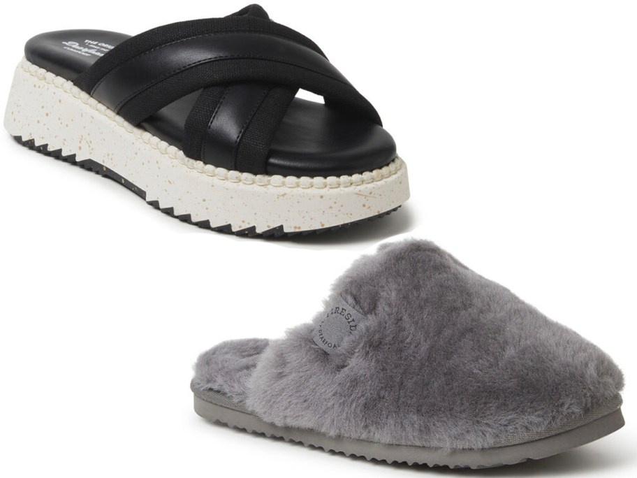 black and white sandals and gray slippers