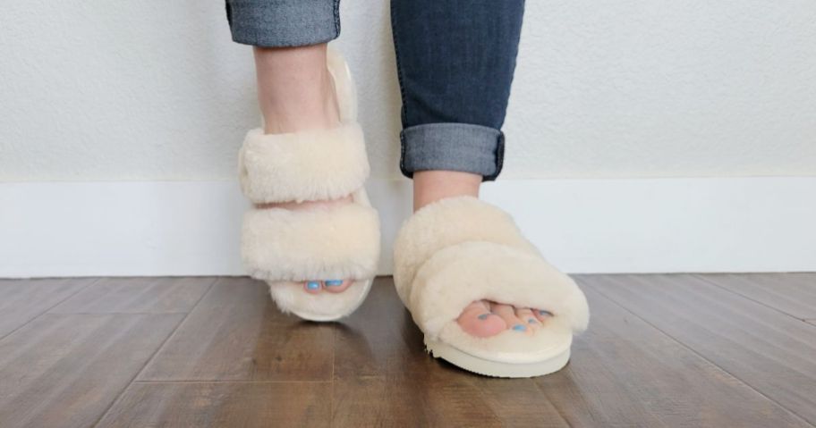 woman wearing dearfoams Fireside by Dearfoams Benalla Shearling Double Band Slides