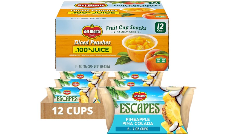 Two boxes of Del Monte fruit cups. Peaches and Pina Colada.