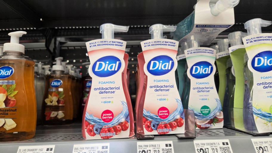 bottles of dial hand soap on a store shelf