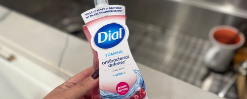 hand holding dial hand soap bottle