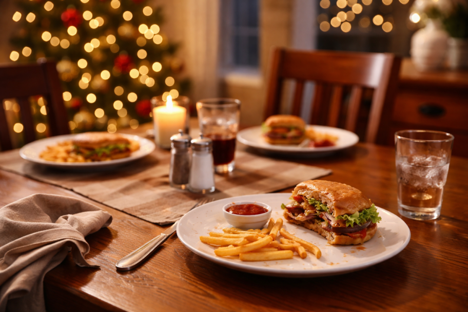 dinner table with blurred christmas tree and plates of burgers and fries