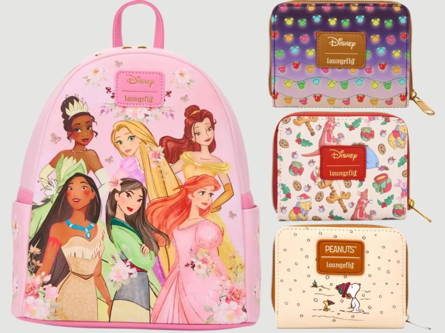 a mini backpack and 3 zipper wallets