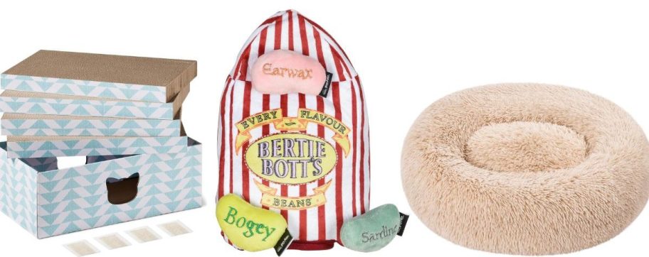 three different dog toys and a bedding