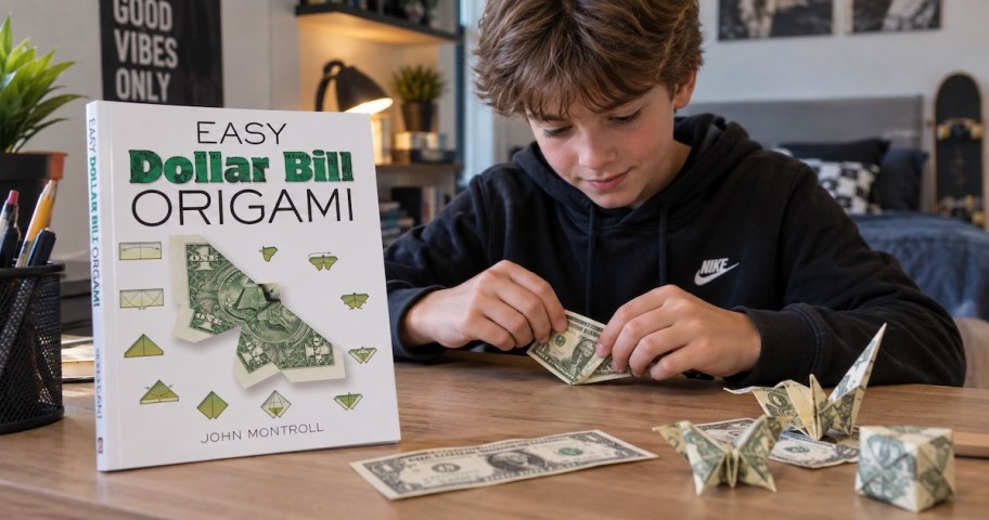boy folding dollar bills into origami shapes with book on desk