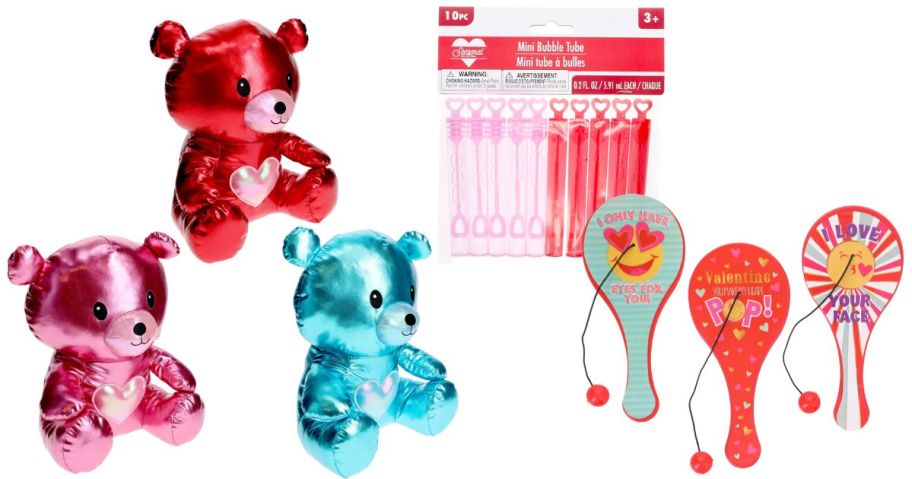 plush bears, bubbles, and paddle ball toys