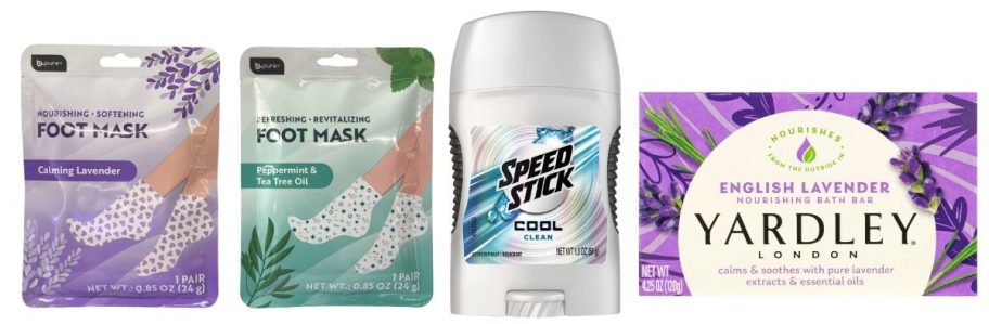 foot masks, deodorant, and yardley soap