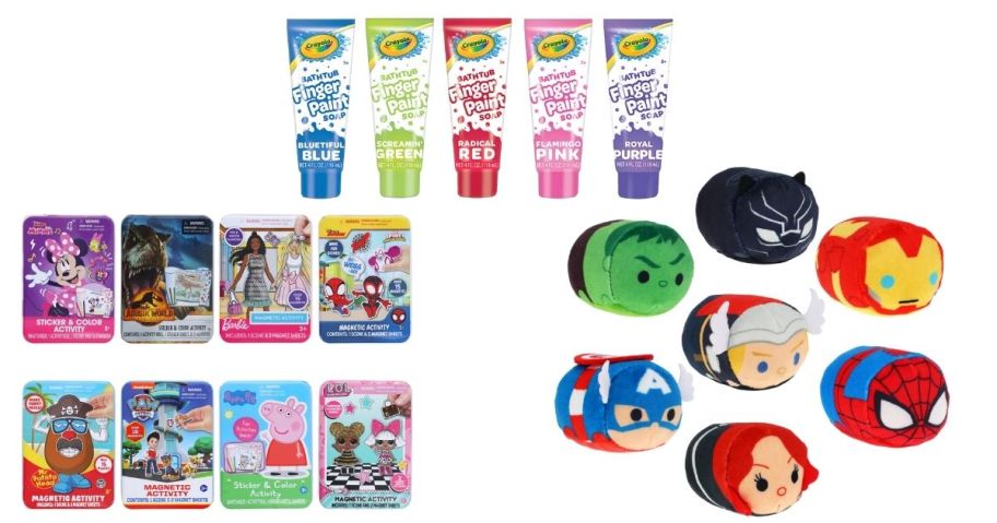 activity tins, crayola bath soap, and Marvel Avengers Tsum Tsum Plush Toys