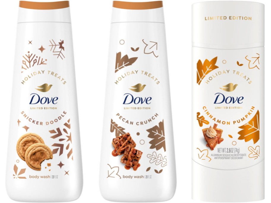Three Dove Holiday Treats products featuring Snickerdoodle body wash, Pecan Crunch body wash, and Cinnamon Pumpkin antiperspirant deodorant.