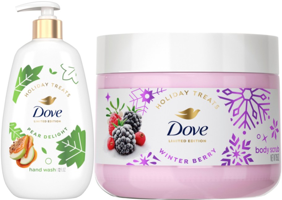 Two Dove Holiday Treats products featuring a Pear Delight hand wash bottle on the left and a Winter Berry body scrub jar on the right.
