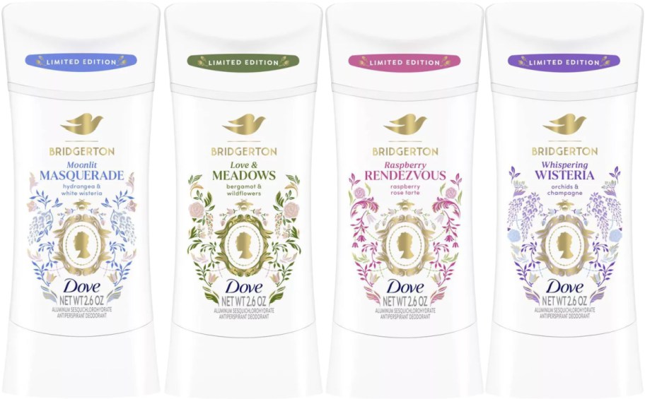 Four Dove x Bridgerton deodorants.