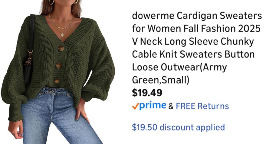 woman wearing army green cardigan next to Amazon pricing information