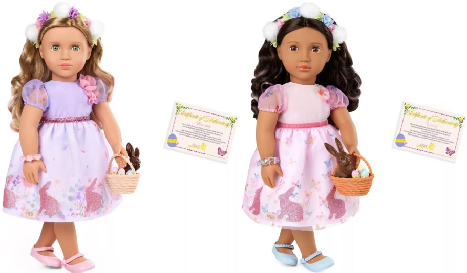 Two dolls in pastel dresses with bunny prints, wearing flower crowns; each holds a basket with chocolate bunnies. Certificates are visible behind them.