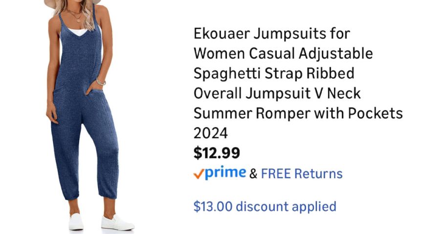 woman wearing blue jumpsuit next to Amazon pricing information