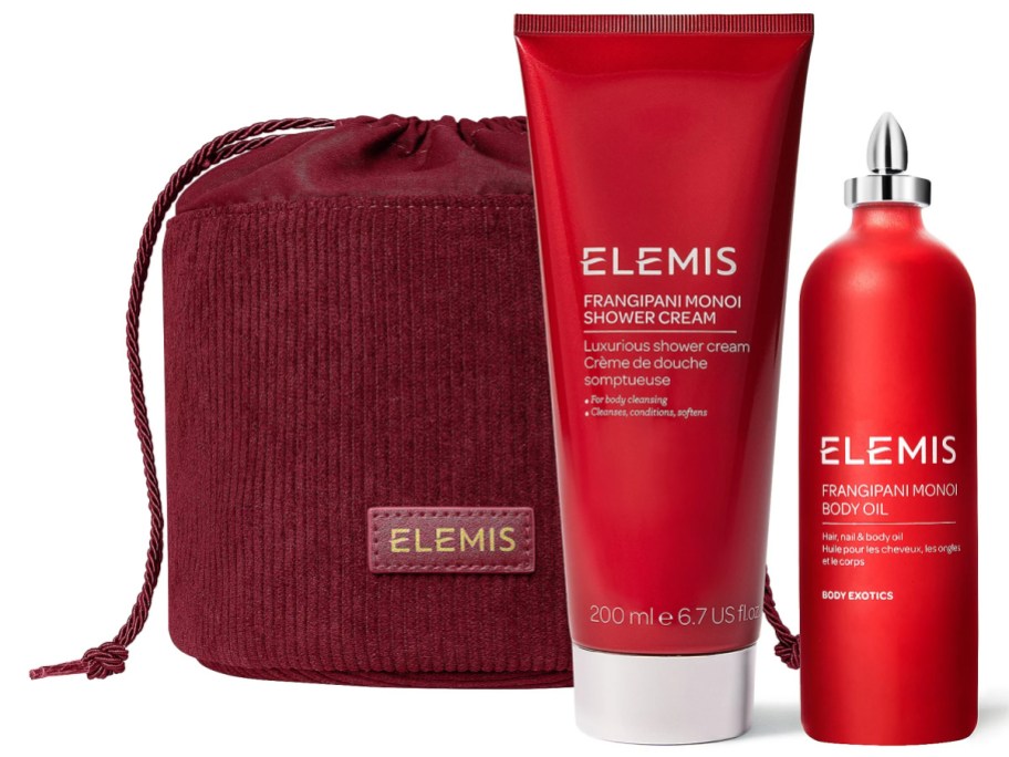 An ELMIS skincare gift set with a red bag.