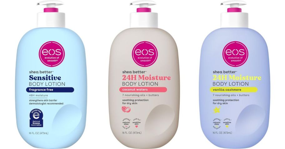 three eos body lotion bottles