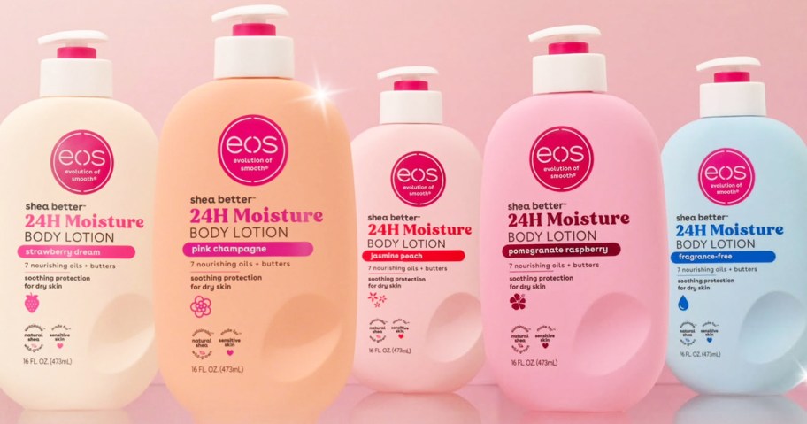 colorful bottles of eos body lotions in a row