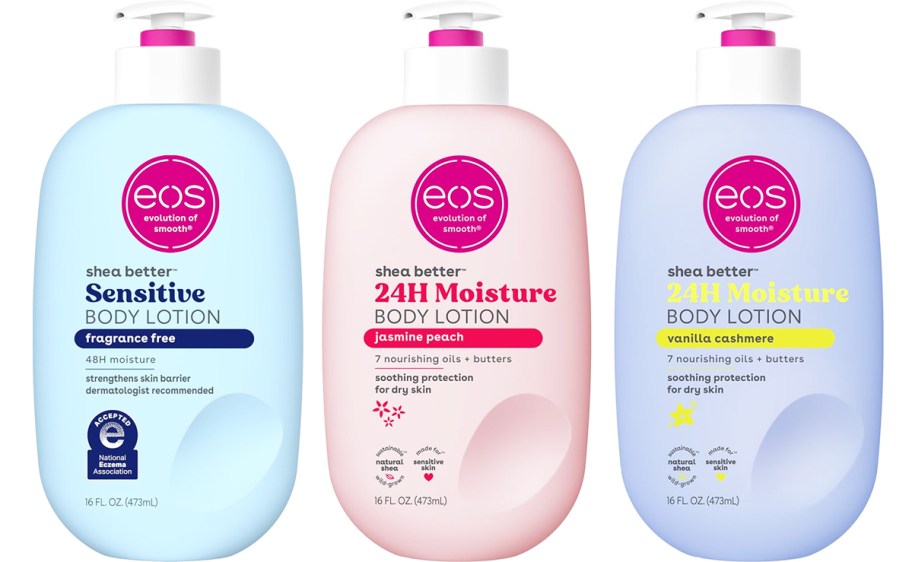 three bottles of eos body lotions in a row