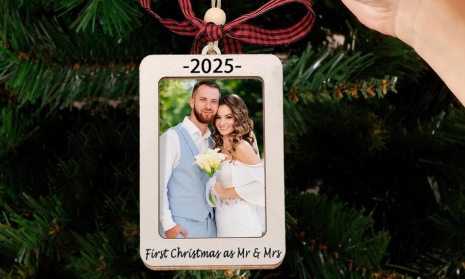 newly married couple in a wooden ornament frame