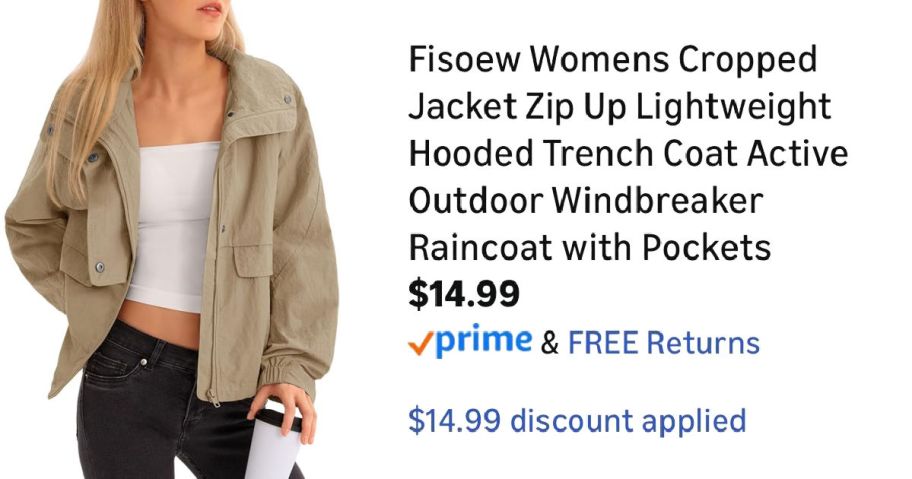 woman wearing tan jacket next to Amazon pricing information