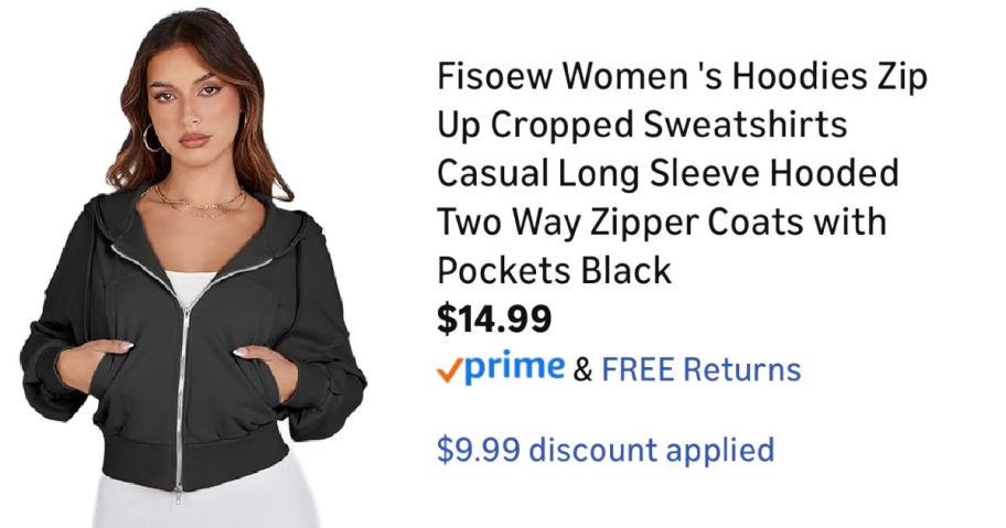 woman wearing black hoodie next to Amazon pricing information