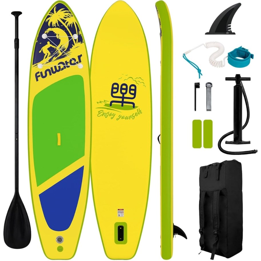 yellow, blue and green paddle board and accessories