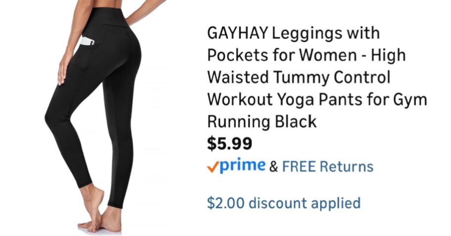 woman wearing black leggings next to Amazon pricing information