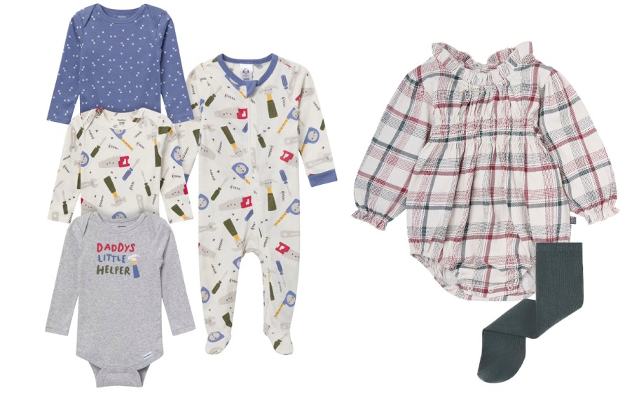 blue tool baby sleepers and plaid dress 