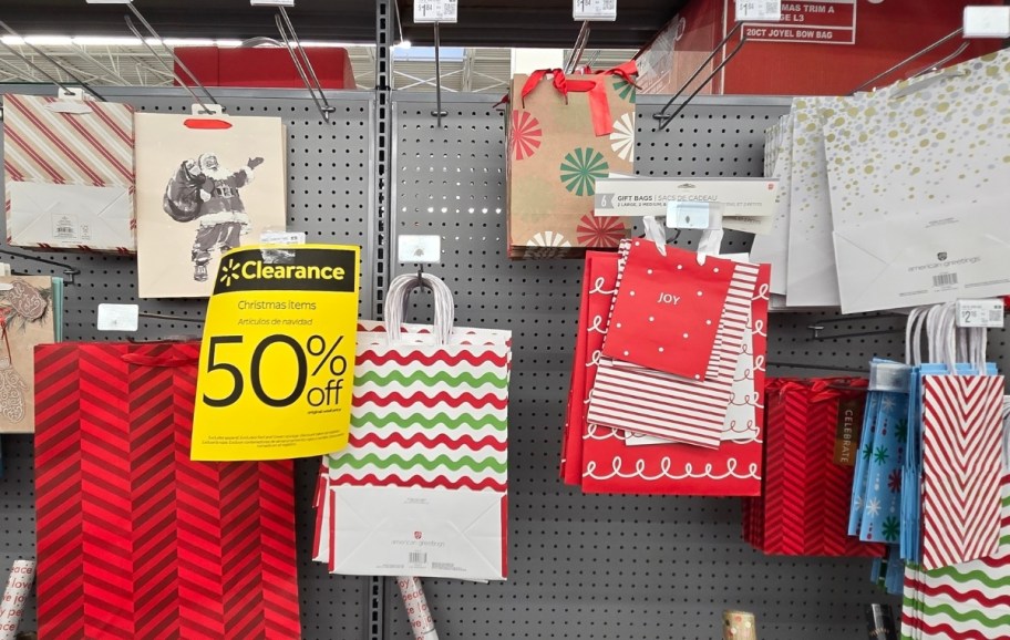 christmas gift bags on clearance aisle
