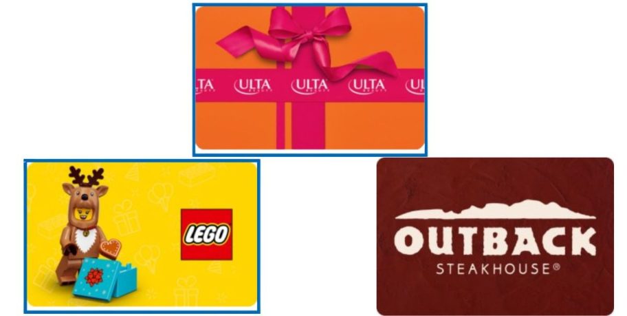 a lego, ulta, and outback steakhouse gift card