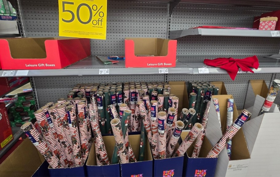 assorted gift wrap on clearance aisle