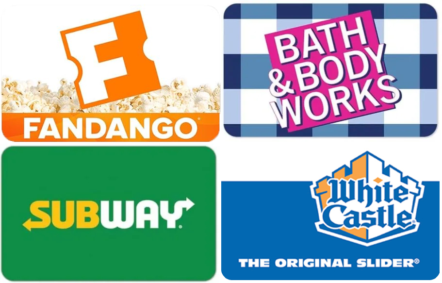 fandango, bbw, subway, and white castle gift cards 