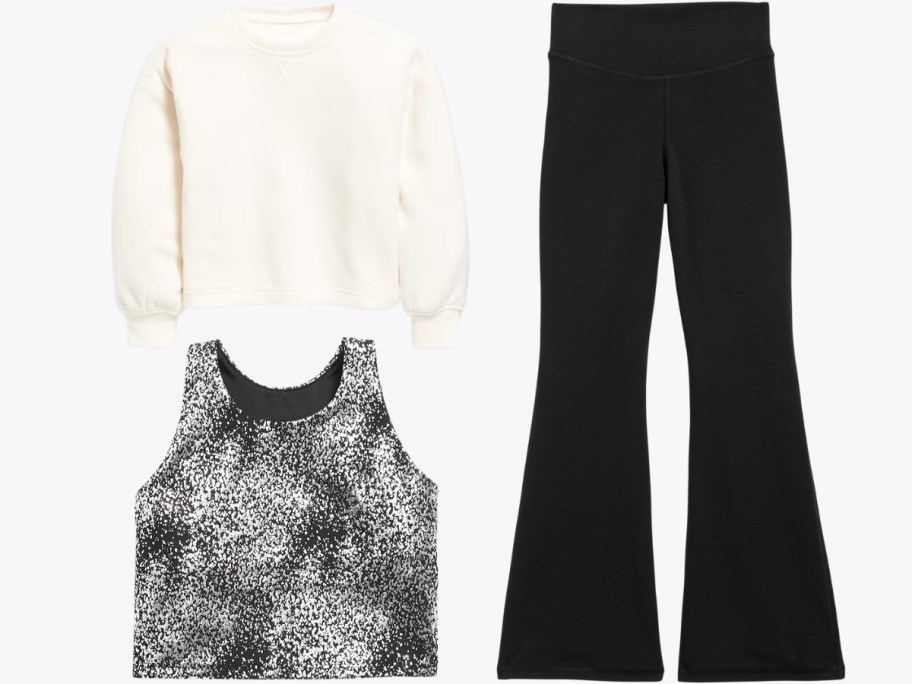 girls sweatshirt, flare pants and tank and tee