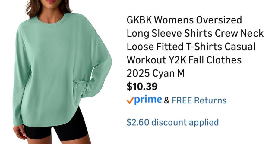 woman wearing green shirt next to Amazon pricing information