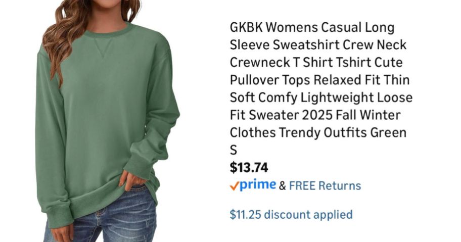 woman wearing green sweatshirt next to Amazon pricing information