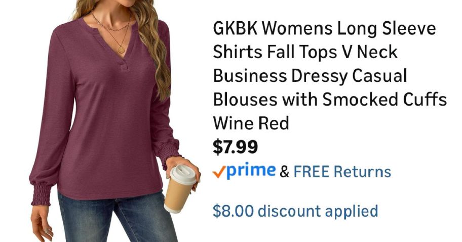 woman wearing red shirt next to Amazon pricing information