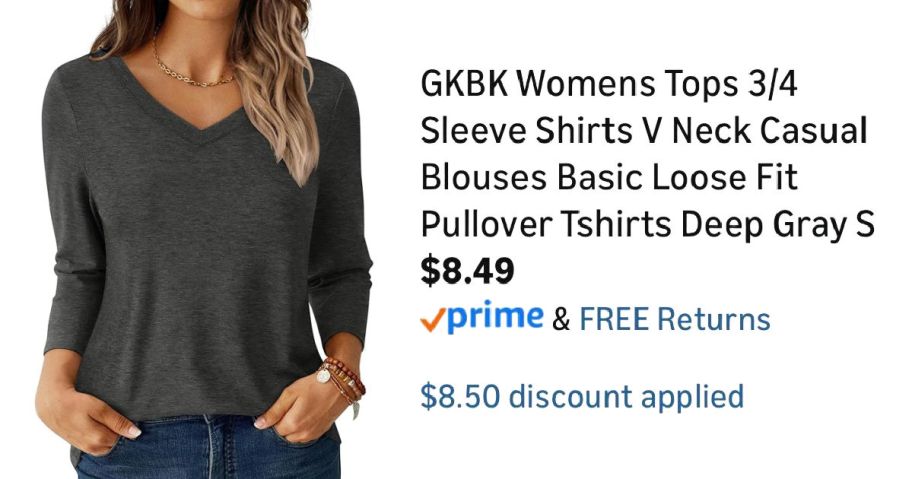 woman wearing gray shirt next to Amazon pricing information