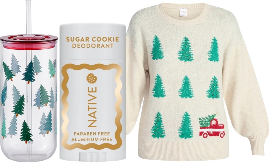tree tumbler, sugar cookie deodorant, and christmas sweater