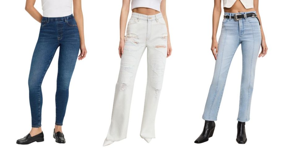 three women wearing good american jeans