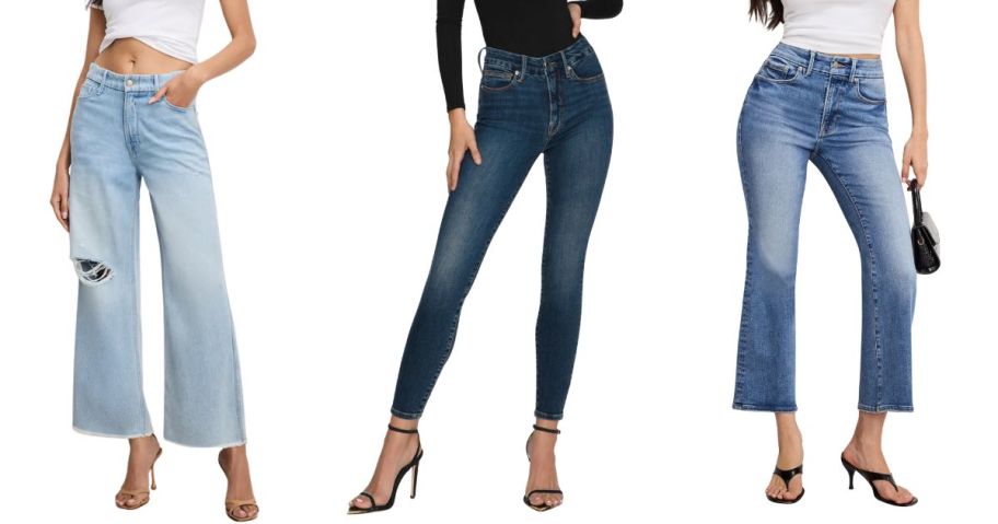 three women wearing good american jeans