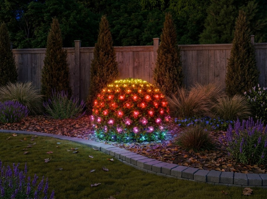 halloween lights on a bush outside