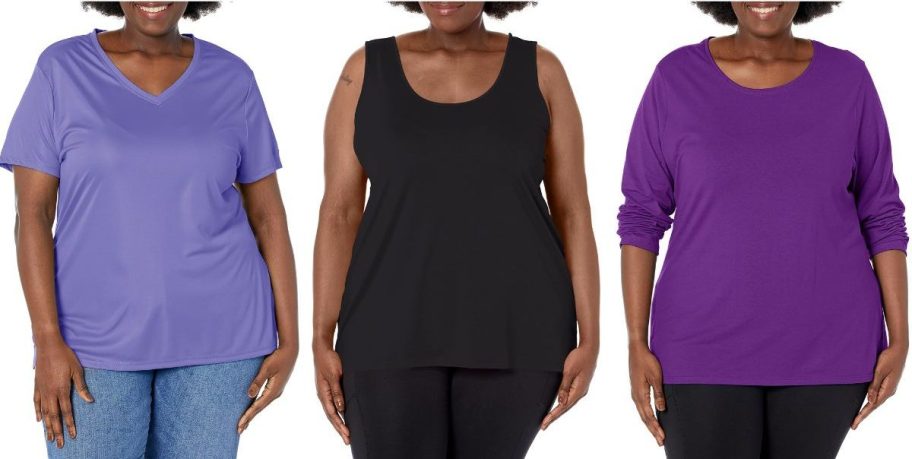 Stock images of 3 plus size women wearing Hanes tops