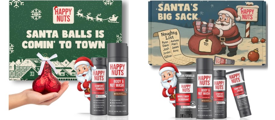 two Happy Nuts men's body care gift sets with gift boxes