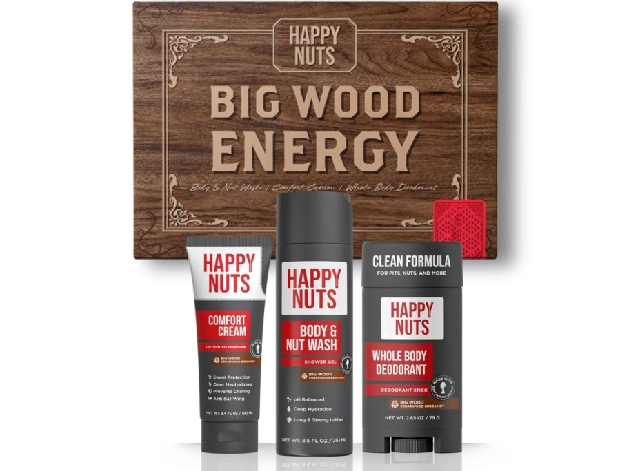 a Happy Nuts men's body care gift set with box